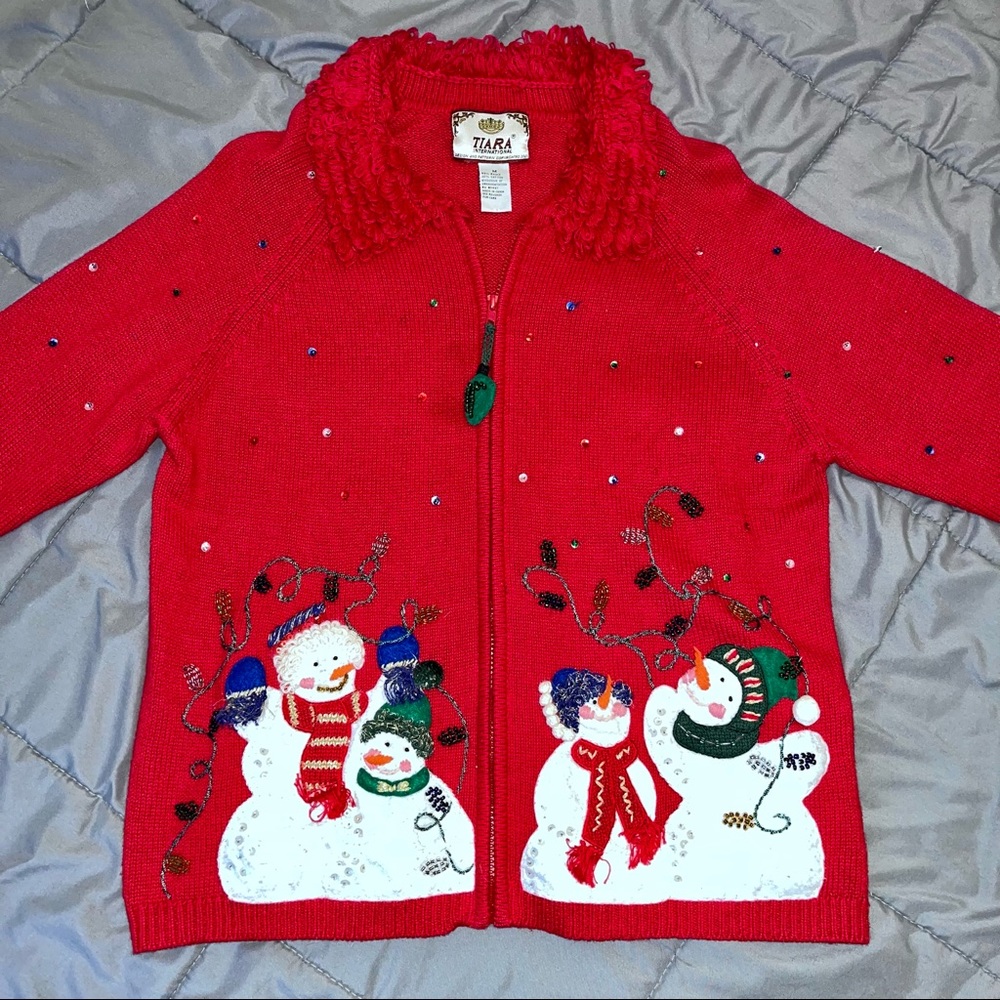 Vintage Snowman Family Red Zip Up Sweater 2001